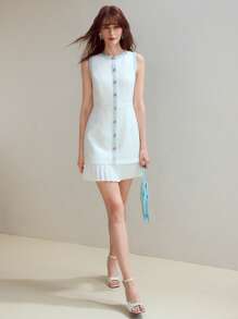 MOTF STUDIO CONTRAST TAPE TRIM PLEATED HEM DRESS - White - View 1