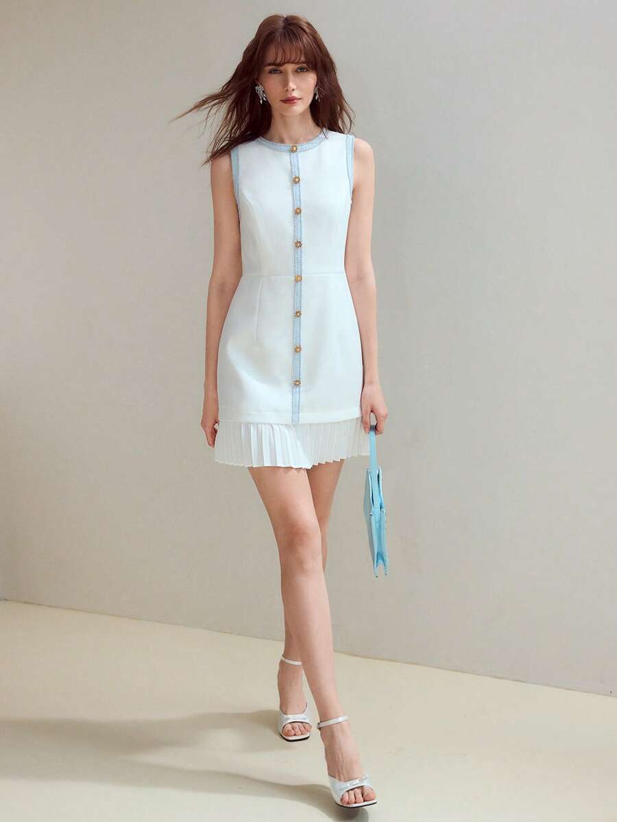 MOTF STUDIO CONTRAST TAPE TRIM PLEATED HEM DRESS - White - View 1