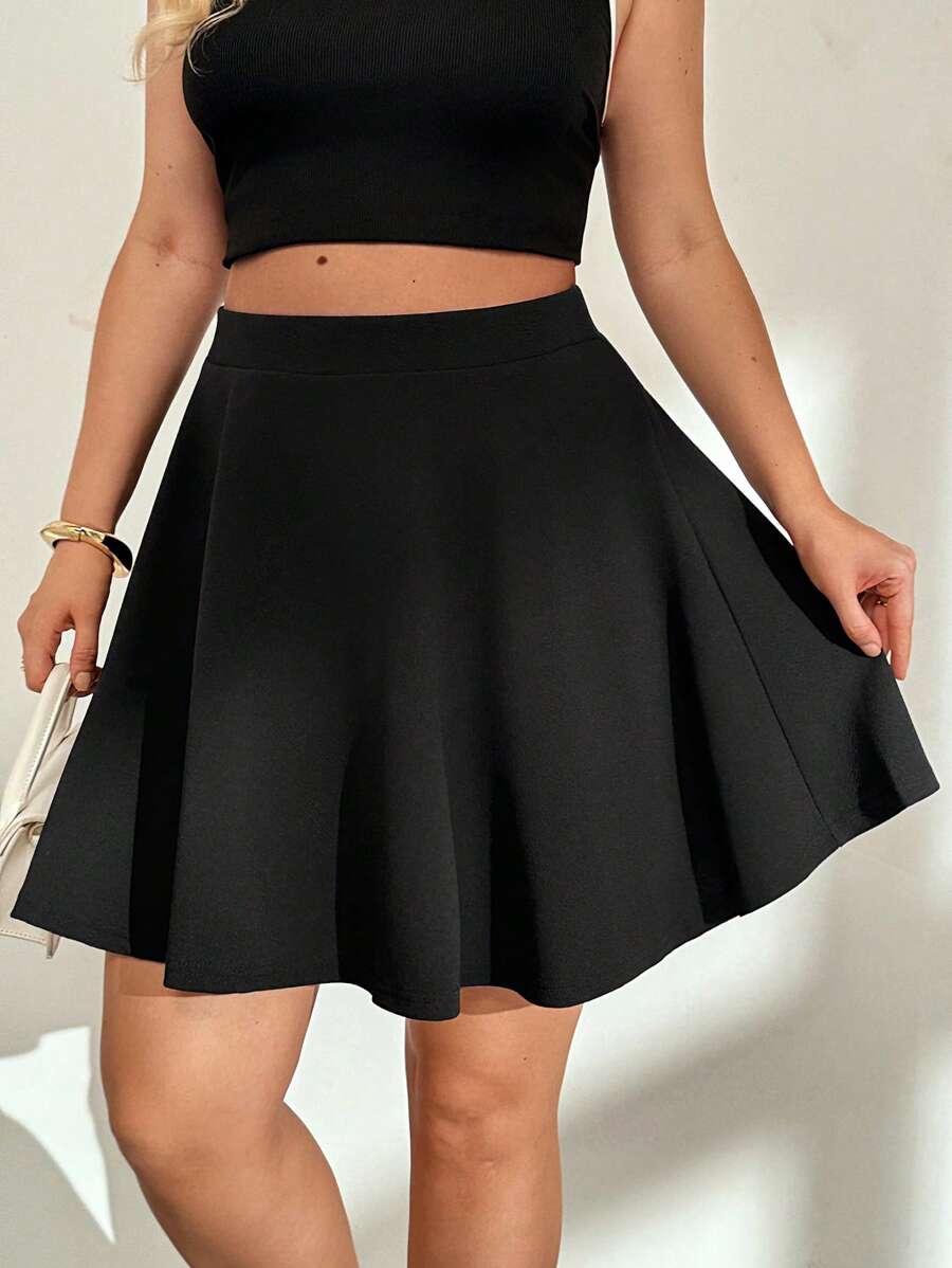 SHEIN Essnce Plus Size Ladies Autumn And Winter Fashion Casual Comfortable Basic Versatile Daily Black A-Line Skirt,Women Bottom,Curve Skirt