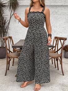 SHEIN VCAY 加大码女式碎花荷叶边阔腿连体裤，适合度假 - 彩色 - 查看 1