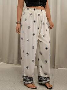 SHEIN VCAY بنطلون نسائي صيفي فضفاض واسع الساق مطبوع بطبعات الأزهار مع كشكش الخصر، طراز أجازة - لون مشمشي - مشاهدة 3