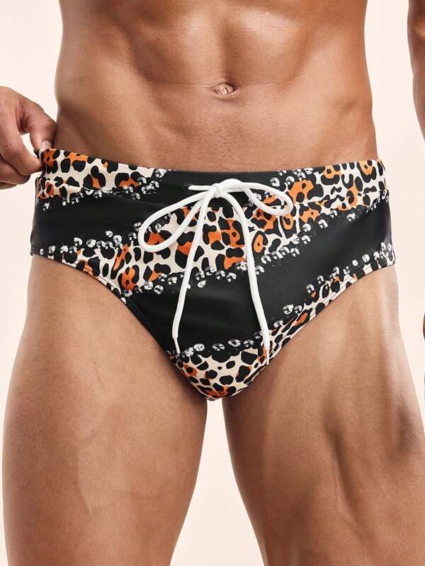 Manfinity VCAY Maillot de bain pour homme sexy à imprimé dégradé léopard et strass avec cordon de serrage, empêche de tomber