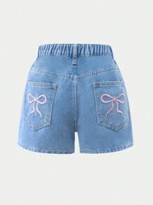 SHEIN Teen Girl Casual Cute Bow Embroidered Denim Shorts, Denim Shorts With Bow Detail,Tops, School, Campus, College - Medium Wash - View 8