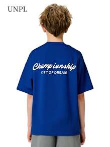 Tween Boys' Fashion Street Style Letter Print Loose Fit Round Neck T-Shirt, Classic Neckline Design