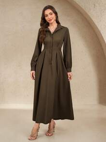 EMERY ROSE Elegant Commute Solid Color Lantern Sleeve Dress, Autumn Maxi Women Outfit - Coffee Brown - View 3