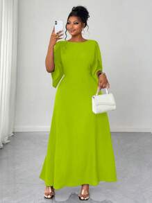 Maweii Váy xòe bất đối xứng màu tím thanh lịch & thời trang cỡ lớn cho nữ, tay áo 3/4, eo thắt chặt, viền loe không đối xứng, thích hợp cho các buổi hẹn hò và tiệc tùng - Màu Mù tạt vàng - Xem 3