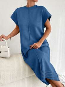 EURMUSE Solid Button Detail Batwing Sleeve Sweater Dresss,Winter Dresses For Women,Petite - Navy Blue - View 3