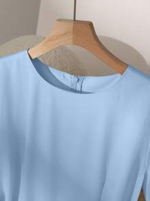 Franclia Elegante vestido de manga corta con cuello redondo, cintura ceñida y parches plisados de color albaricoque de longitud media para mujer, primavera/verano - Celeste - Ver 3