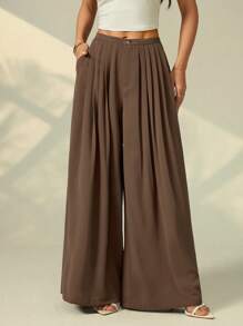 SHEIN PETITE Women's Casual Loose Solid Color Wide Leg Pleated Pocket Pants