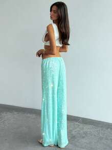 Aloruh Pantalones casuales y elegantes con cintura de cordón, parches brillantes y lentejuelas para mujer, ideales para vacaciones en la playa, estilo bohemio tropical, conciertos, festivales, country, Ibiza, Nashville, estilo occidental bohemio, streetwear tropical, Gyaru, verde menta, pantalones de lentejuelas frescos, otoño