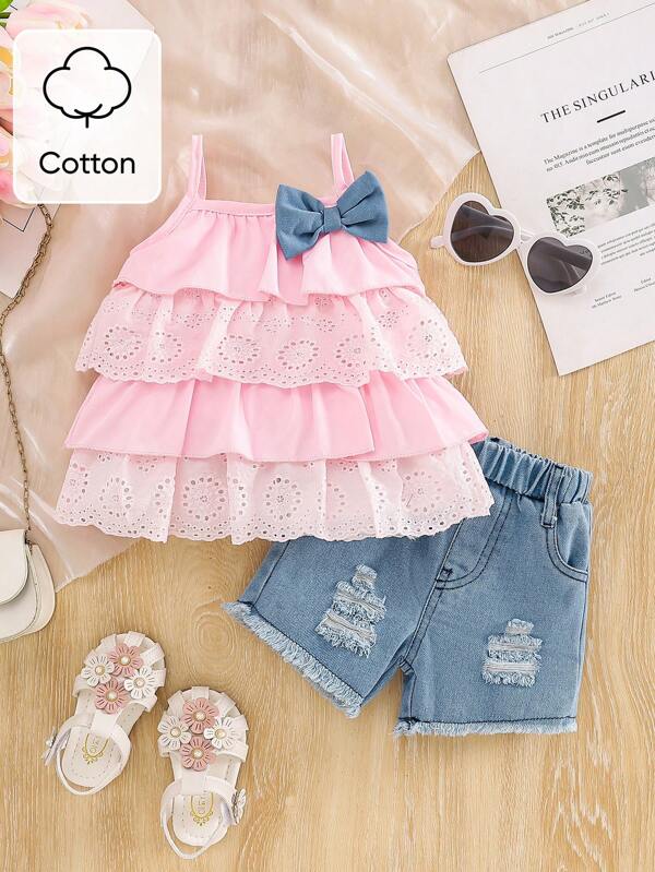 SHEIN Vintaside Kids 2 件装女婴吊带背心 + 牛仔短裤套装，夏季
