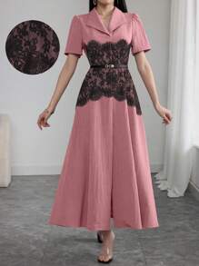 Modelyn Collared Wrinkly Contrast Lace Ruffle Hem Dress - Pink - View 3