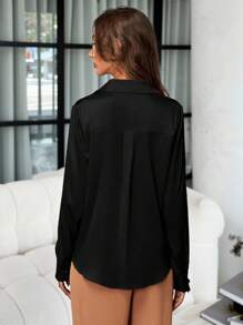SHEIN Clasi Satin Solid Button Up Shirt,Long Sleeve Tops - Black - View 2