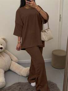 SHEIN 2pcs/Set Plus Size Women Solid Color Round Neck Drop Shoulder Top And Pants - Coffee Brown - View 5