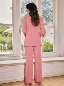 Lowkey Lull Women Frill Trim Long Sleeve Top And Pants Loungewear Set Easy Comfort, Fall Clothes - Pink - View 3