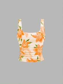 Sweetra Women Casual Square Neck Pleated Cami Top, Summer - Multicolor - View 6