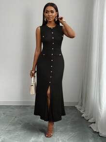 SHEIN PETITE CURVE 大码无袖圆领连衣裙，夏季时尚 - 黑色 - 查看 5