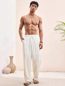 Manfinity VCAY Retro Linen Casual Pants For Men, Solid Color Versatile With Drawstring, Suitable For Summer Men White Linen Pants White Baggy Pants Loose Pants Boho Pants Men White Linen Drawstring Pants