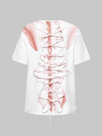 J-Fashion Women's Y2K Vintage Grunge Angel Ribbon Tie Skeleton Print Oversized T-Shirt