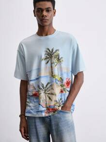 Maija 2025 Sommer Neu Tropischer Regenwald Hawaii Resort Stil Palmenbaum Muster Rundhals Kurzarm Pullover Herren T-Shirt, modern elegant lässig Büro Pendeln Alltagstragen, passend für Hochzeitsgäste, Angestellte, Flughafen, Strandurlaub, Konzert, Party und andere Anlässe