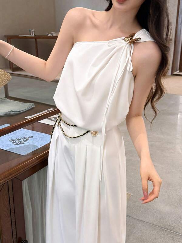 Celisse Women's White Sleeveless Top And Wide Leg Loose Pants Set, Woven Fabric, Elegant Fashionable Daily Wear