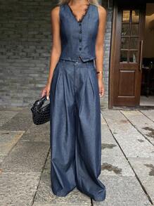 Livesso Ensemble décontracté en deux pièces pour femmes, composé d'un débardeur à col en V et dentelle patchwork chic, et d'un pantalon large, avec accessoire de ceinture