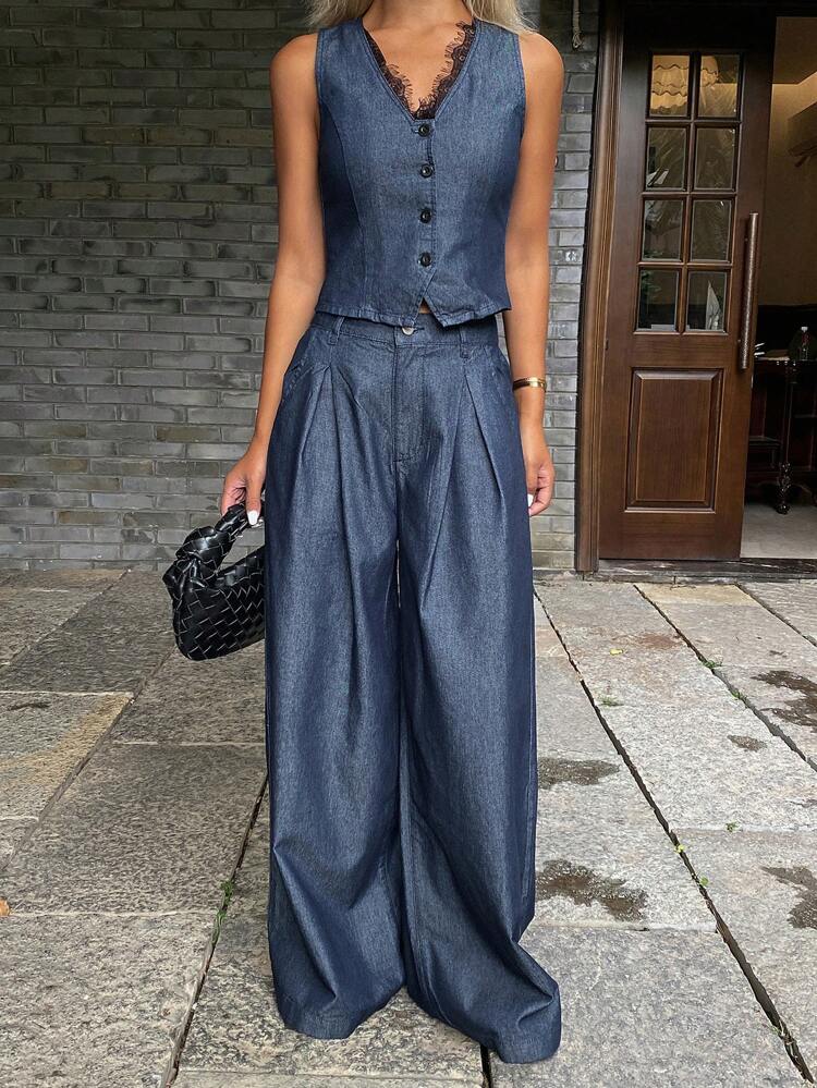 Women's Summer Lace Patchwork Chic V-Neck Sleeveless Vest And Wide Leg Pants 2 Pieces Casual Denim Set, With Tie Accessory
