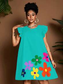 Maweii 大码女式圆领盖袖夏季连衣裙 - 薄荷藍 - 查看 1