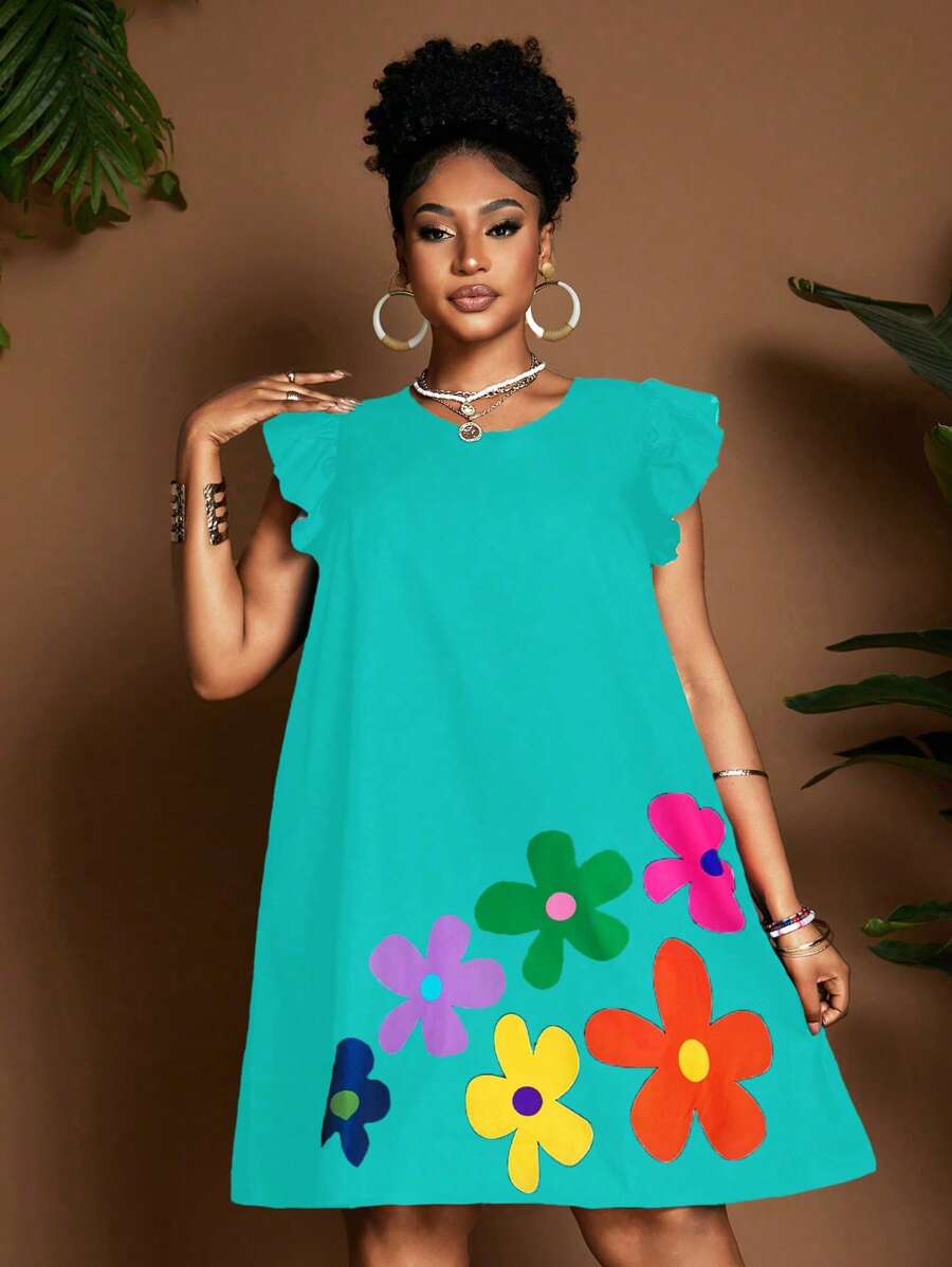 Maweii 大码女式圆领盖袖夏季连衣裙 - 薄荷藍 - 查看 1