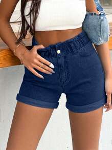 EURMUSE 100%Cotton Rigid, Elastic Band Detailed Shorts ,Petite Women - Medium Wash - View 6