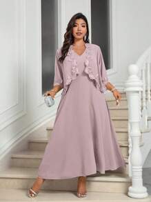 Bellastra Plus Size Mother Of The Bride Guest Outfit, Dress + Shawl Jacket Set For Wedding - Dusty Pink - View 6
