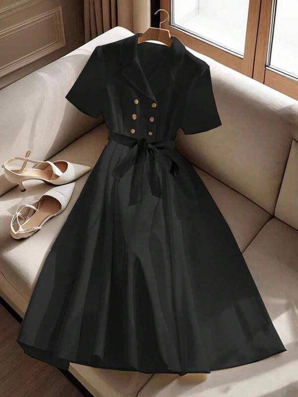 Regalyn Plus Size Clasi Women's Solid Color Double Breasted Belted Elegant Short Sleeve Midi Dress Business Casual Spring Dress Summer Women Outfit Elegant Formal Women Dresses Suit Collar Short Sleeve With Button Belt Classic Women's Dress
