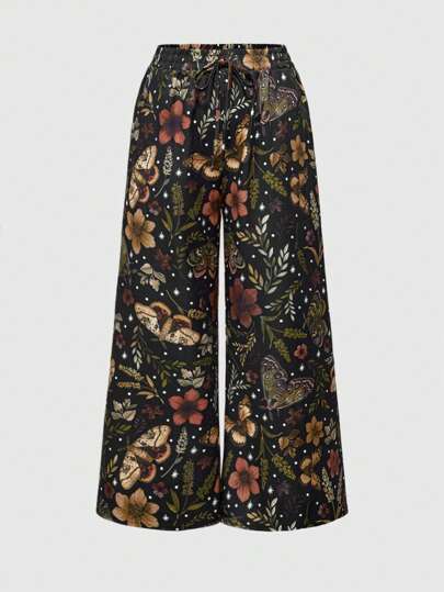 Fairycore Plus Size Women Vacation Butterfly Moth Plant Print Wide Leg Pants