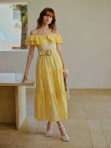 MOTF STUDIO SCHIFFY Off-Shoulder Kleid mit gestuftem Rüschensaum und ohne Gürtel - Gelb - Übersicht 4