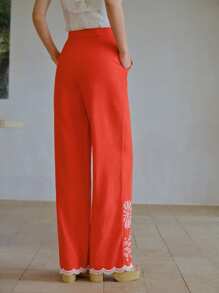 MOTF STUDIO EMBROIDERY DETAIL SLANT POCKET WIDE LEG SUIT PANTS - Orange - View 7