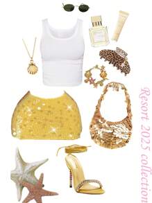 Slaydiva 2015 Summer New Casual Vacation White Pleated Short Slim Vest + Yellow Gorgeous Sequin Mini Skirt Women Two Pieces Set, Suitable For Music Festival, Easter, Boho, Seaside Vacation, Beach, Club Outfits Women Sexy, Party Gathering, Holiday Travel, Graduation Clothing, Sexy Hottie, Western Nomad-A - Multicolor - View 1