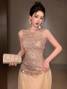 DAZY 女士亮面雪纺两件式拼接修身直筒撞色优雅假日派对长裙，春夏金色亮片连衣裙，香槟色正式礼服，奢华女士香槟色晚礼服，优雅女士连衣裙，婚礼舞会礼服，新年女士服装，嘉年华闪亮连衣裙 - 杏色 - 查看 5