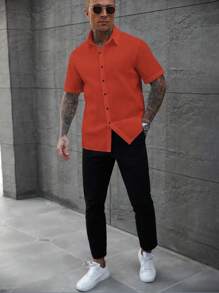 Manfinity CasualCool 男士纯色前扣短袖休闲衬衫，短袖衬衫，纽扣男士衬衫，白色男士衬衫，男士修身衬衫，男士时尚衬衫，男士漂亮衬衫，男士衬衫休闲修身男士修身衬衫