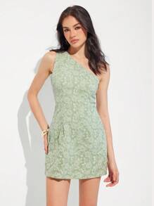 Roylia 复古提花不对称露肩修腰优雅连衣裙