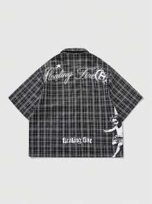 ROMWE MEN Street Life 男士美式街头风格图形短袖衬衫，夏季英伦天使儿童印花格子图案特别衬衫 - 黑色 - 查看 5