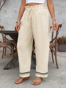 SHEIN VCAY Plus Size Drawstring High Waist Casual Loose Wide Leg Pants - Apricot - View 4