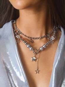 SHEIN ICON 时尚嘻哈性感风格金属链星星吊坠项链套装 - 彩色 - 查看 3