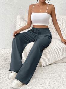 SHEIN X JIMENA & MATEO SHEIN Frenchy Pantalones rectos de pierna ancha, cómodos y elegantes con cordón y bolsillos para mujer. Pantalones de lino a rayas. Pantalones para maestras. Ropa de maestra. Atuendos de otoño. De vuelta a la escuela. Ropa de oficina minimalista. Estilo old money simple.