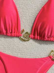 Swim Chiccia Women Beach Summer Solid Color Fashionable And Sexy Bikini Set - Hot Pink - View 4