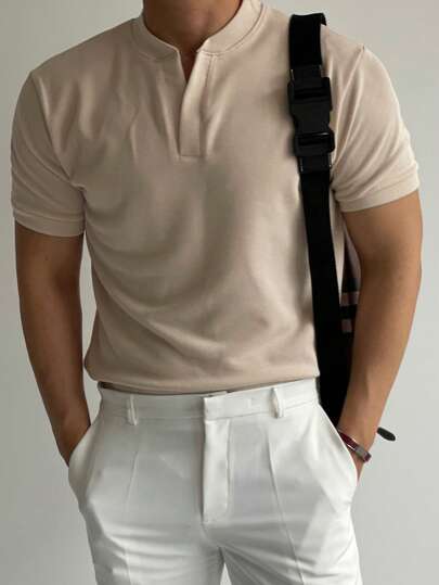 DAZY Summer Solid Color V-Neck Slim Fit Men's T-Shirt, Khaki Business Attire