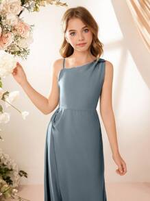 Flower Girl & Big Girl Elegant Flowing Chiffon Spaghetti Strap Ruffle Split Dress, For Wedding, Party, Performance Fall Winter - Blue - View 3