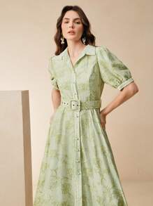 Anewsta 女士绣花领短袖收腰优雅夏装 - 綠色 - 查看 3