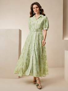 Anewsta 女士绣花领短袖收腰优雅夏装 - 綠色 - 查看 7