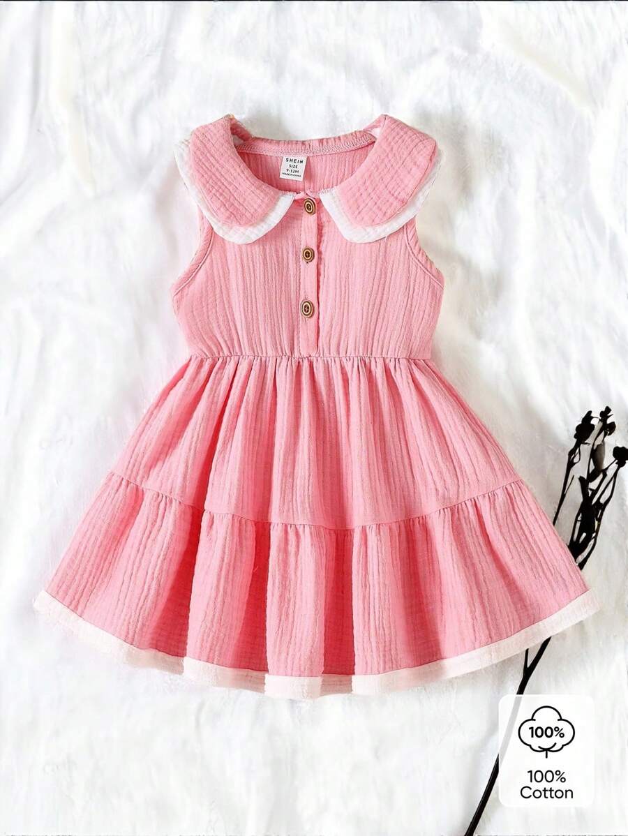 SHEIN A Spring And Summer Cotton Gauze Double-Layered Collar A-Line Dress With A Ruffled Hem For Girls, Suitable For Parties And Outings. - Pink - View 1