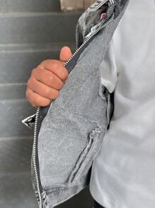 SHEIN Young Boy Letter Print Black Denim Lapel Long Sleeve Cardigan Jacket